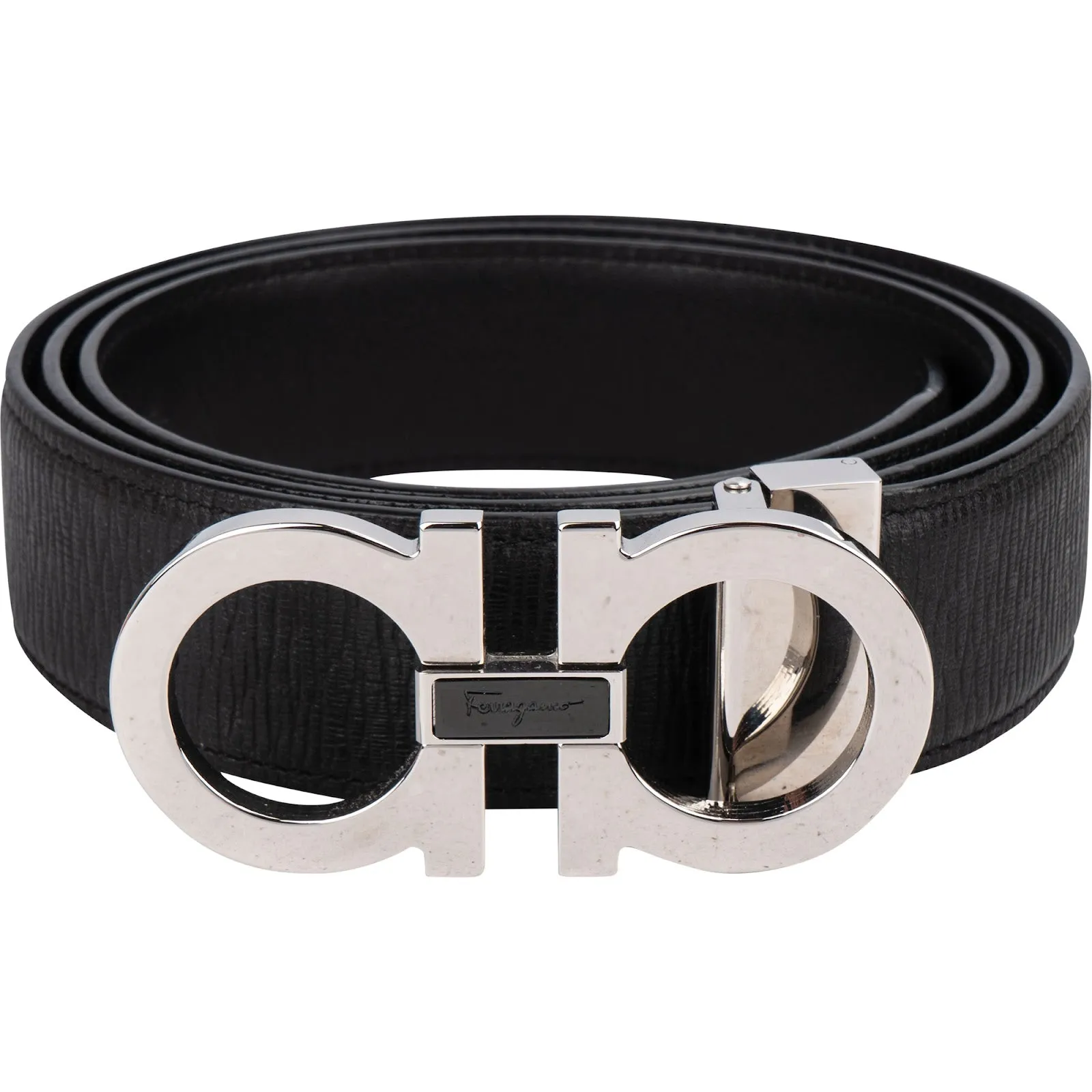 Salvatore Ferragamo Nero Pebbled Leather Gancini Gürtel (105)
